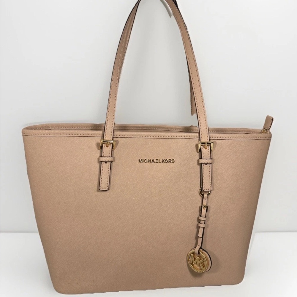 MICHAEL KORS Women MK Travel TZ Tote Bag Oyster Saffiano Leather Gold